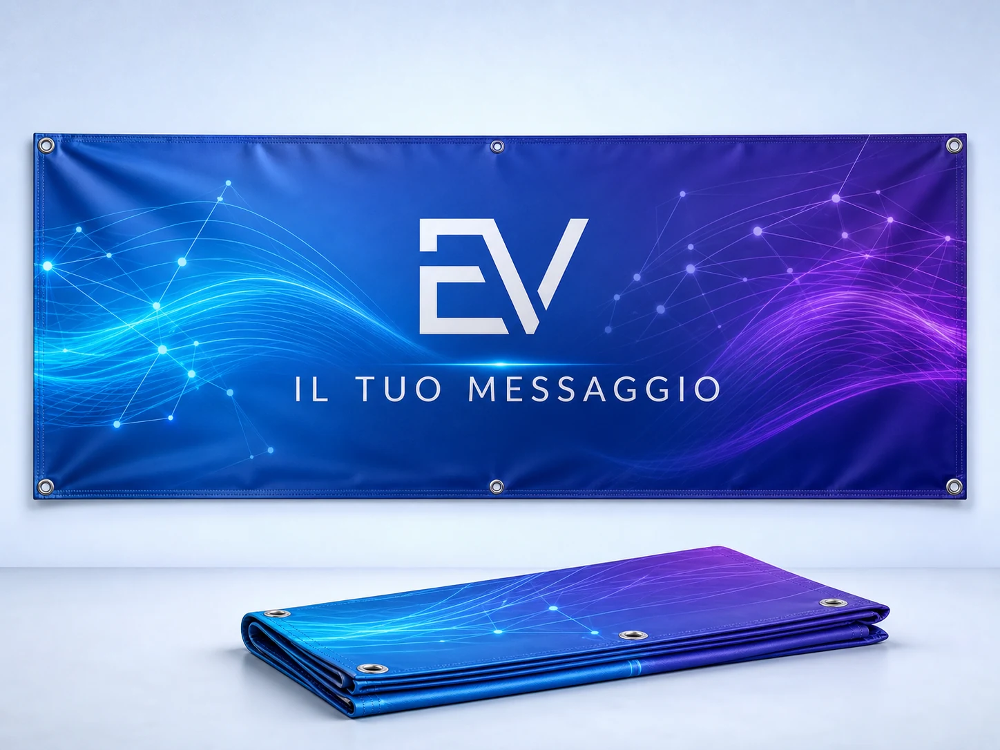 Banner in PVC Esposito Visual completo, interamente visibile con grafica EV e occhielli dimostrativi