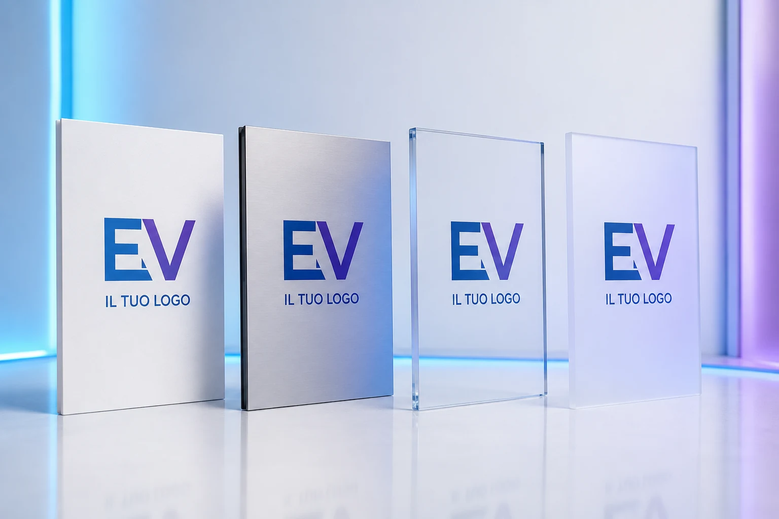 Quattro pannelli rigidi completi in Forex, Dibond, plexiglass trasparente e plexiglass opalino con logo EV dimostrativo