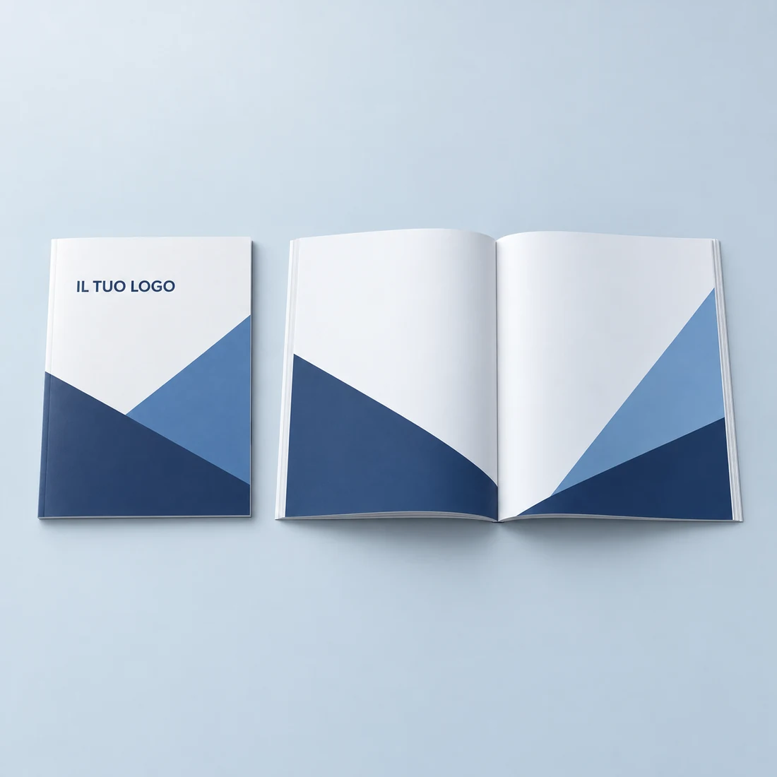 Catalogo chiuso e aperto per mostrare copertina e pagine interne illustrative