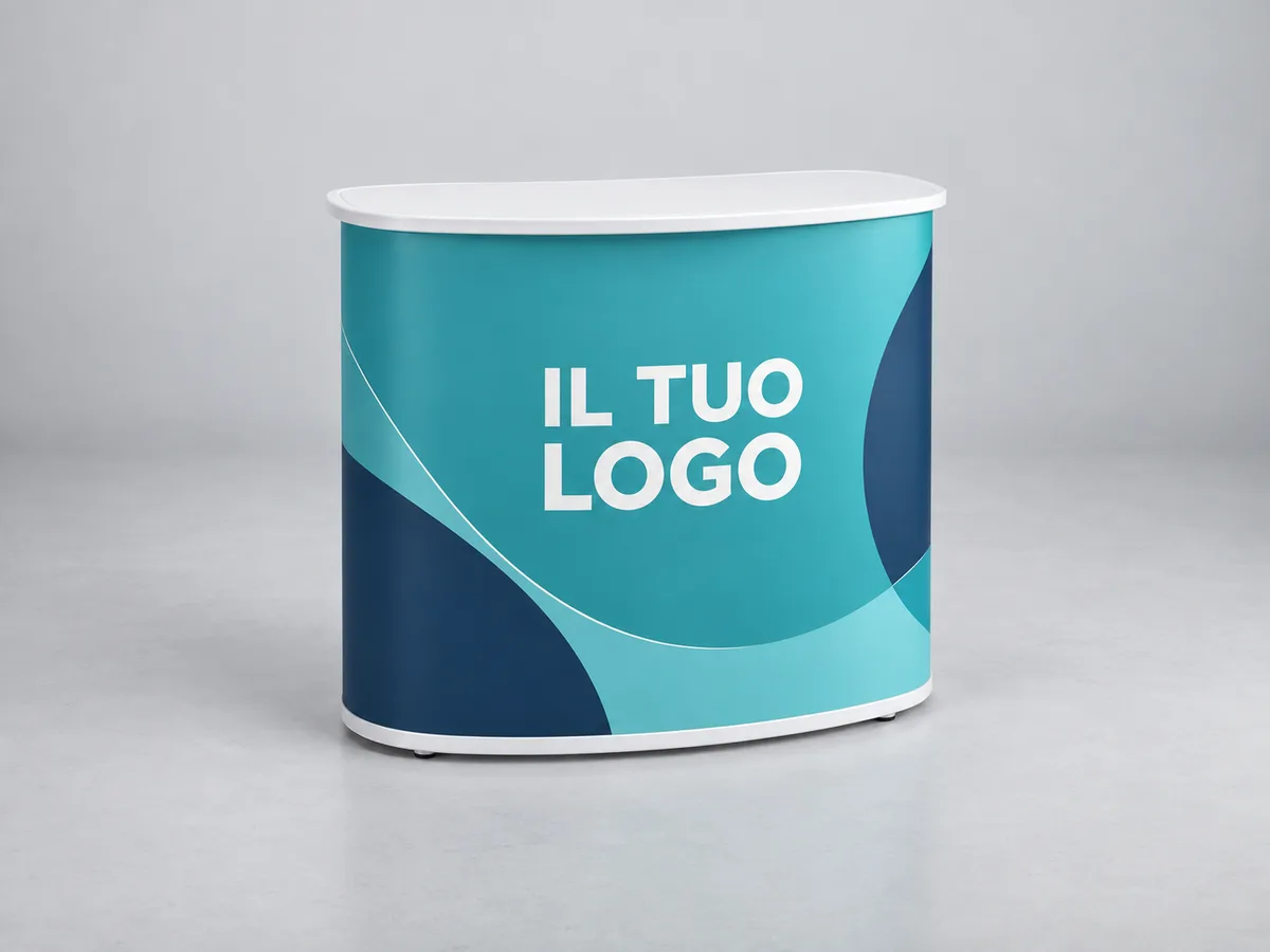 Banchetto promozionale completo con logo illustrativo; modello da confermare