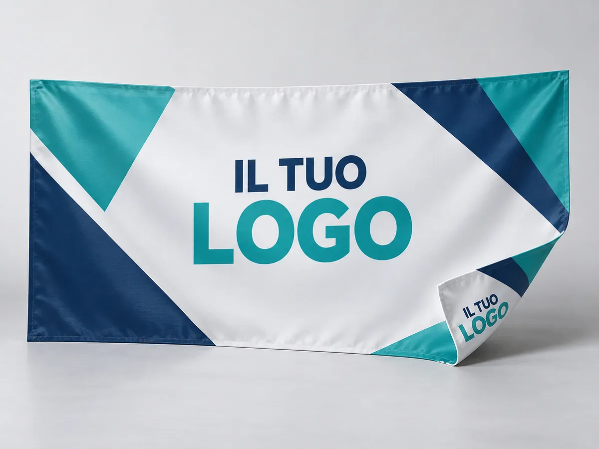 Banner stampato sui due lati con un angolo ripiegato per mostrare il retro