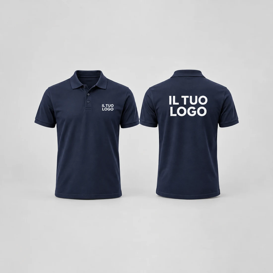 Polo intere davanti e dietro: logo lato cuore e stampa sul retro, modello illustrativo