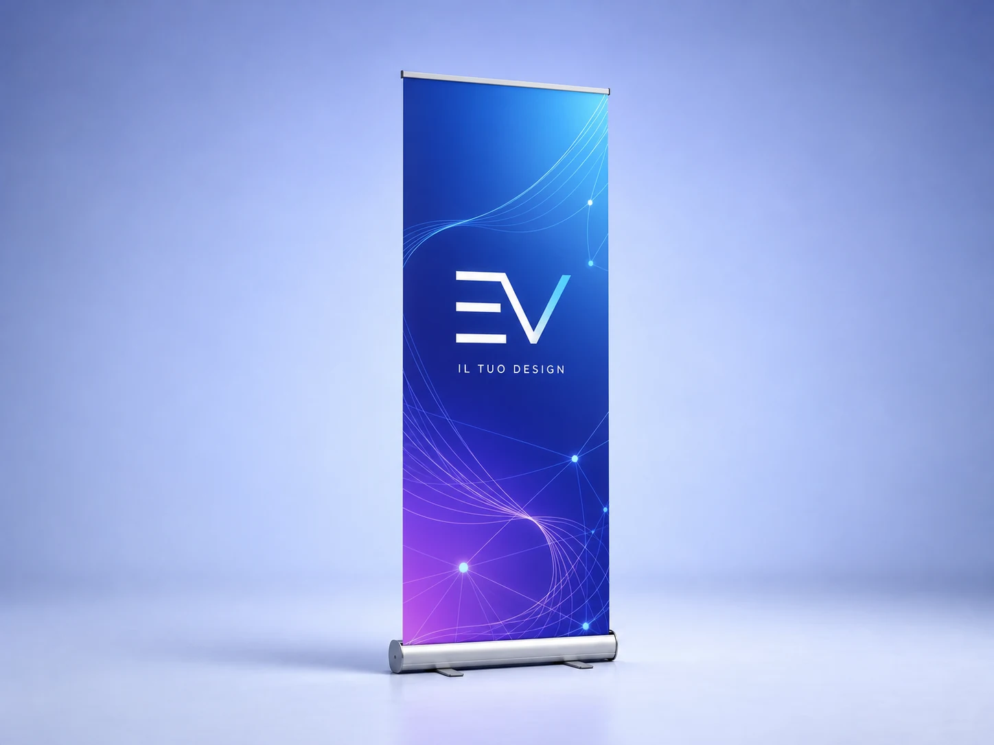Roll-up Esposito Visual completo, interamente visibile con struttura in alluminio e grafica dimostrativa EV