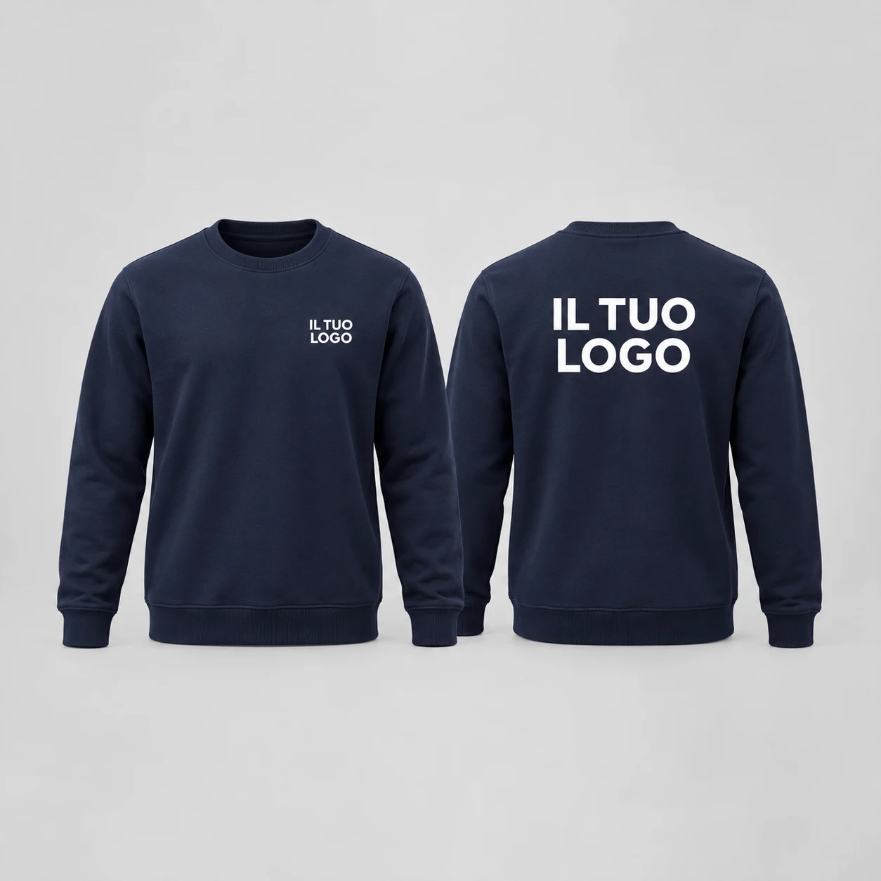 Simulazione illustrativa felpa blu BS331, fronte e retro con IL TUO LOGO lato cuore e sul dorso