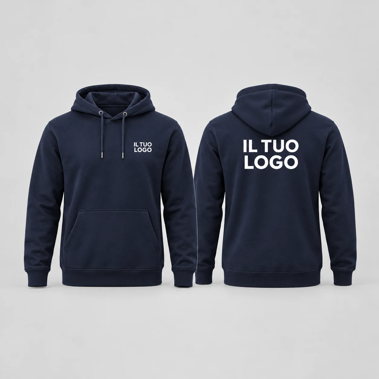 Simulazione illustrativa felpa blu BS332, fronte e retro con IL TUO LOGO lato cuore e sul dorso