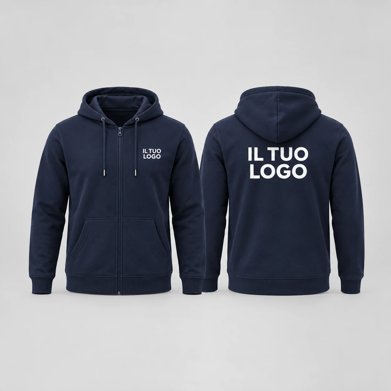 Simulazione illustrativa felpa blu BS333, fronte e retro con IL TUO LOGO lato cuore e sul dorso